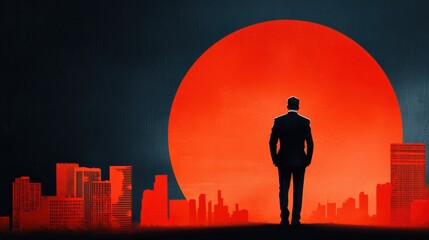 A silhouetted figure in a suit stands before a large red sun, overlooking a cityscape, evoking themes of ambition and solitude.