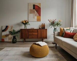 Modern Living Room Photograph with Neutral Sofa, Yellow Pouf and Artistic Wall Details,vase with flowers, home styling, warm wall art, small space living, wooden texture, modern home setup, contempora