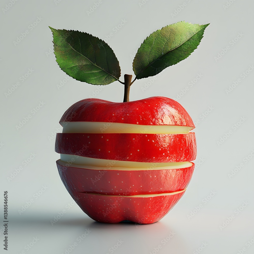 Poster a captivating image of a layered red apple with vibrant green leaves against a neutral background. t