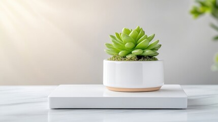 A vibrant green succulent plant in a white ceramic pot sitting on a sleek white platform, minimalist indoor setting with soft natural light, and home decor concept.