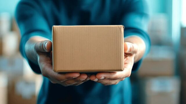Person presenting a cardboard box in a warehouse setting