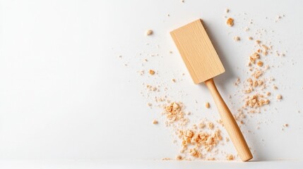 Wooden spatula on white background with scattered crumbs