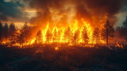 Burning forest flames engulfing trees, smoke billowing, dramatic sunset sky