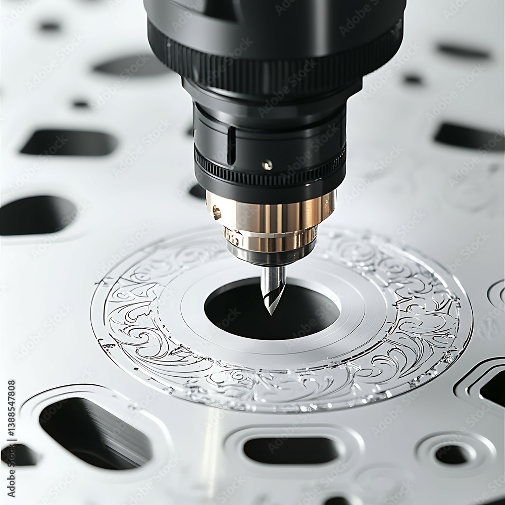 Poster close-up of a high-precision engraving machine working on a metallic surface, showcasing intricate d