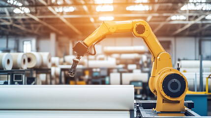 A mechanical arm in a modern building insulation factory, surrounded by foam boards, insulation rolls