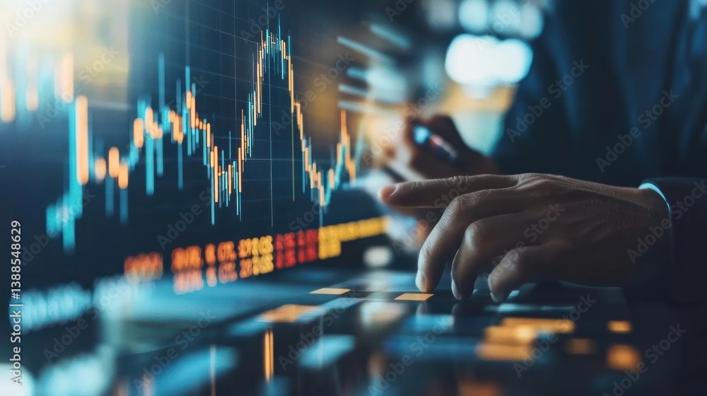 Poster analyzing stock market data on screen with finger touch interface