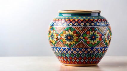 A vibrant, hand-painted ceramic vase with intricate floral and geometric designs, showcasing a rich tapestry of colors and patterns, a testament to skilled craftsmanship
