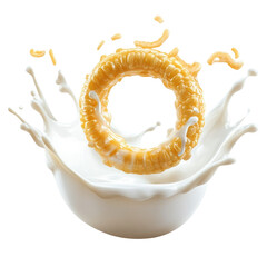 Naklejka premium A golden ring-shaped snack splashes into a bowl of white liquid, creating a dynamic scene.