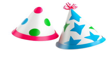 Festive Party Hats Illustration with Colorful Dots and Stars Isolated on Black