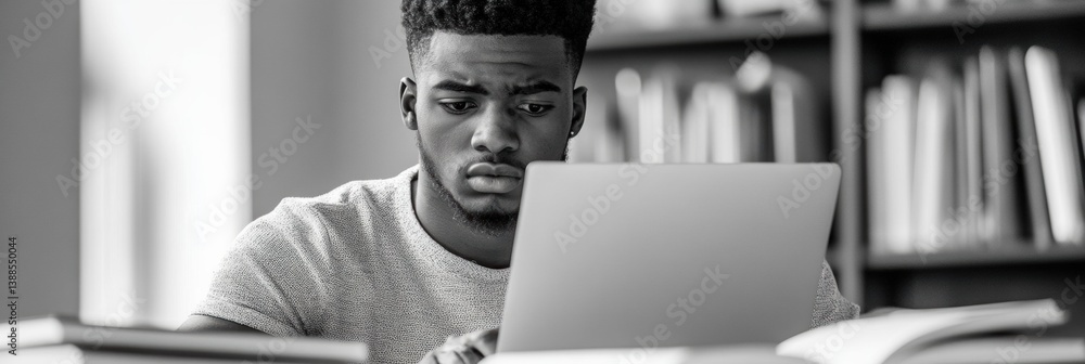 Poster student studying online course materials on a laptop surrounded by books and notes in a focused lear