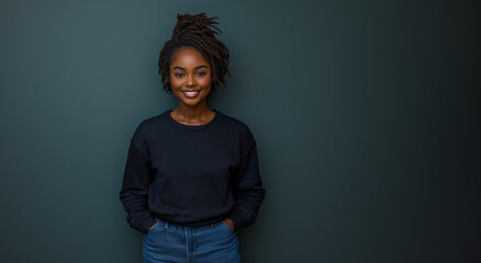 Older, mid aged woman smiling in a black sweatshirt on a plain background mockup, mock-up, copy space, Generative AI