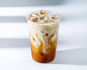 Refreshing iced coffee with milk in a clear plastic cup on white surface