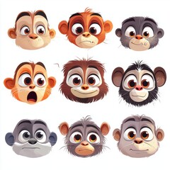 Fototapeta premium A colorful grid of cartoon monkey faces showcasing various expressions, including surprise, joy, sadness, and curiosity.