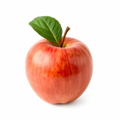 Red apple, glossy skin, vibrant color, green leaf, fresh produce, studio lighting, white background, photorealistic, high detail, macro photography, single fruit, crisp texture, healthy food