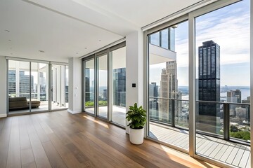 Fototapeta premium Modern apartment interior design with city view and hardwood floor real estate property photography