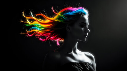 Silhouette of young female model in abstract dark background. Vivid rainbow colored hair blown by the wind.