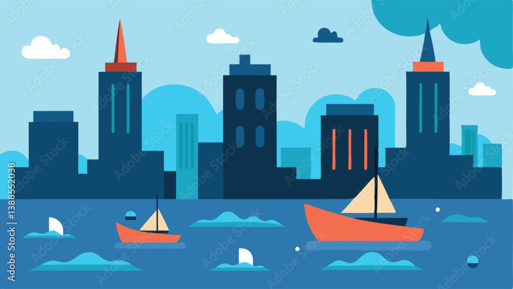 Poster flooded city an showing a city skyline partially submerged in water with boats navigating through th