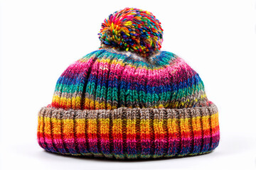 Colorful knitted hat with pompom design suitable for winter wear and outdoor activities