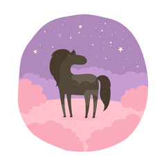 Horse on romantic meadow cartoon vector illustration. Dreamy fantasy mare horse. Comic purebred stallion. Funny flat character animal. Hand drawn design perfect for Valentine's Day card, poster cover