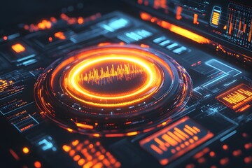 Abstract glowing technology interface with circular element and data visualizations.