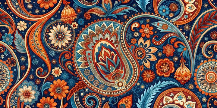 Vibrant paisley pattern featuring intricate floral designs and swirling motifs in a rich tapestry of autumnal hues, perfect for textile design and artistic inspiration.
