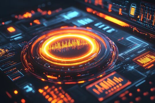 Abstract glowing technology interface with circular element and data visualizations. - Powered by Adobe