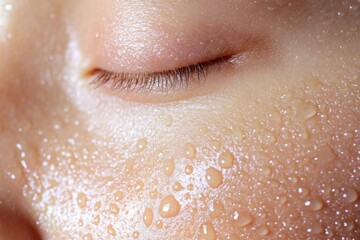 Fototapeta premium Close-up view of healthy glowing skin with moisture droplets illuminated by golden light in a skincare setting