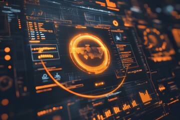 Futuristic interface with glowing orange elements on a dark background.