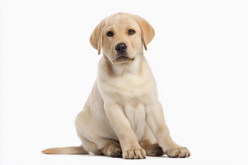 Obraz premium Cute yellow lab puppy sitting calmly on a white background looking playful and adorable in a studio setting