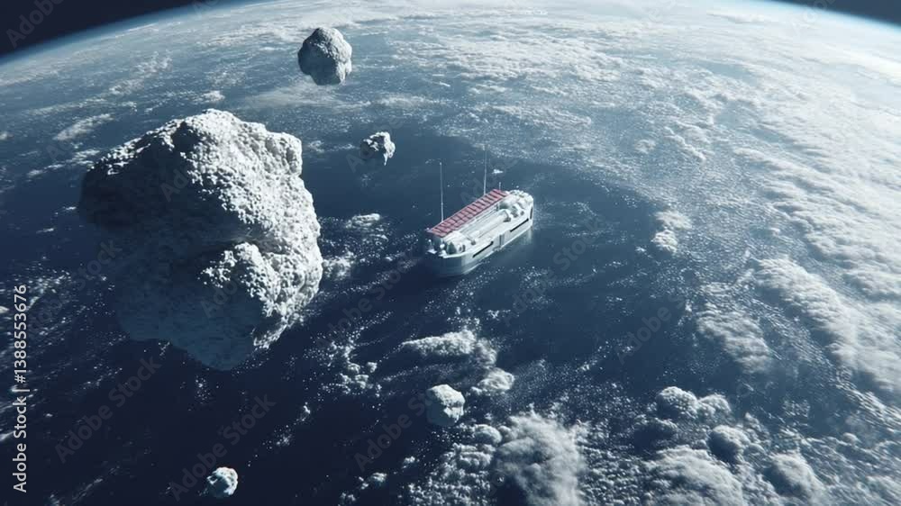 Poster spacecraft orbiting over a planet amidst asteroids in outer space generative ai