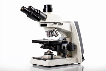Microscope on a white background showcasing laboratory equipment used for scientific analysis