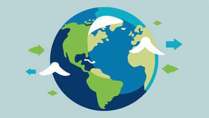 Fototapeta premium Global Impact A simple globe with arrows indicating the spread of microplastics from various sources to oceans rivers and farmlands highlighting the ubiquitous nature