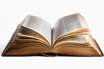 Obraz premium Classic open book with yellowed pages displayed on a white background, highlighting the beauty of printed literature