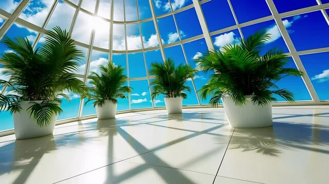 Sunlit atrium, potted plants, highrise view, sunny sky