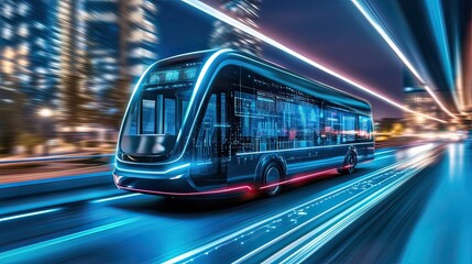 Futuristic electric bus in urban setting nighttime high-tech transport concept