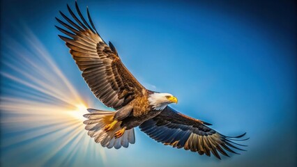 Obraz premium Majestic Bald Eagle Soaring Through Sunlit Skies, Wings Spread Wide in Effortless Flight