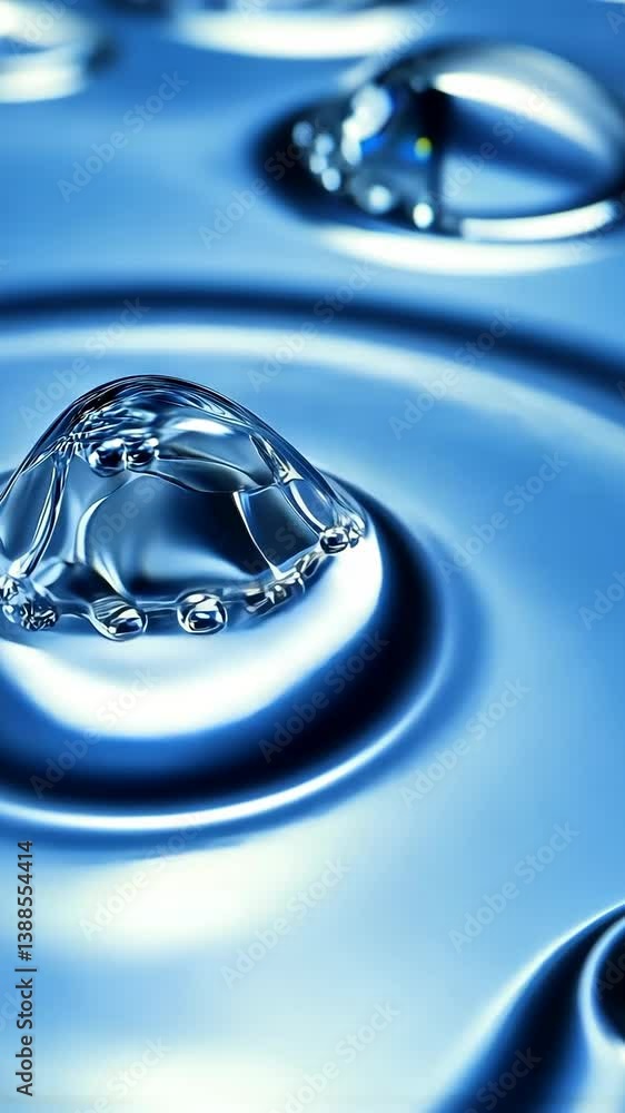 Poster close-up view of water droplets creating ripples on a blue surface at a calm setting