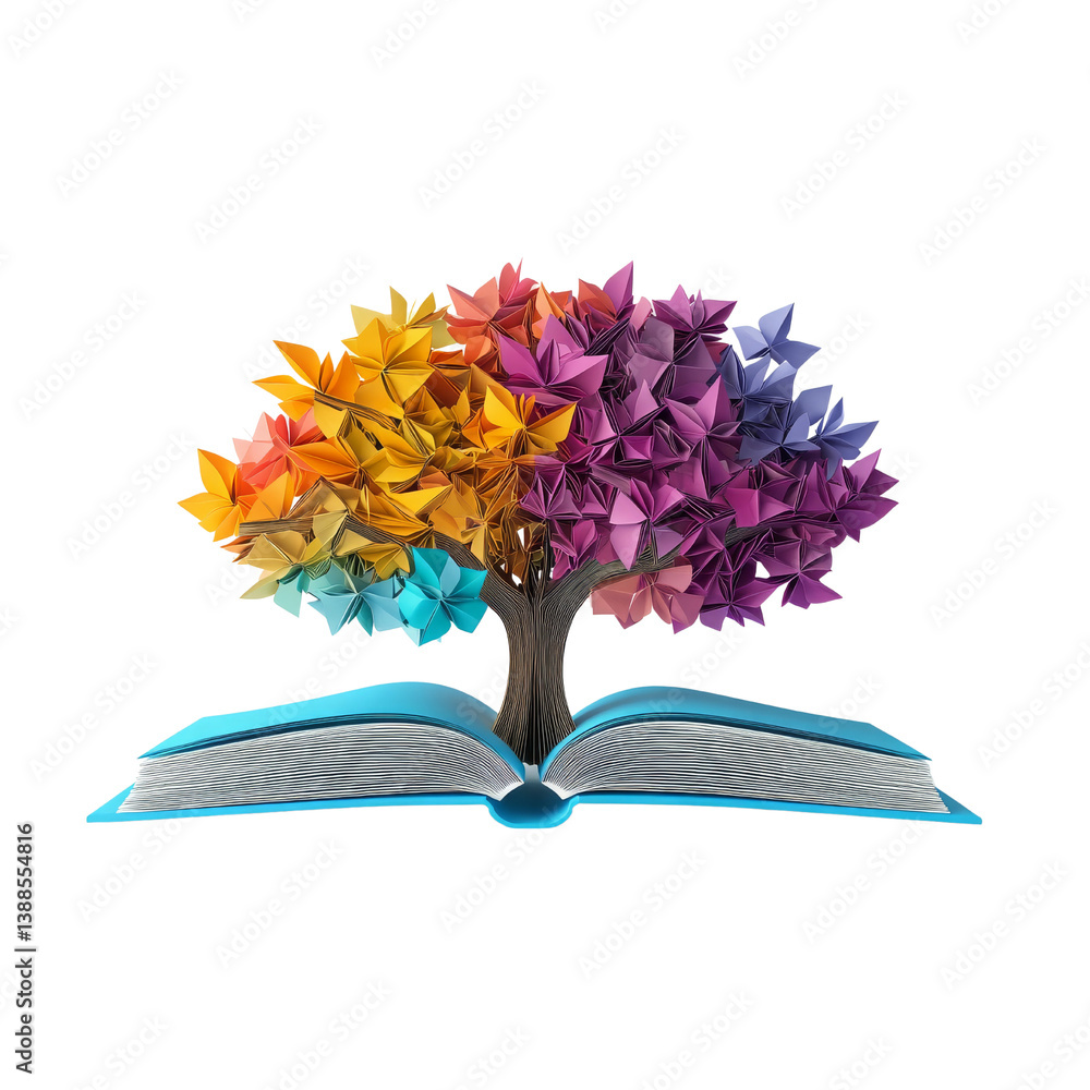 Poster A colorful origami tree emerging from an open book, symbolizing knowledge and creativity.