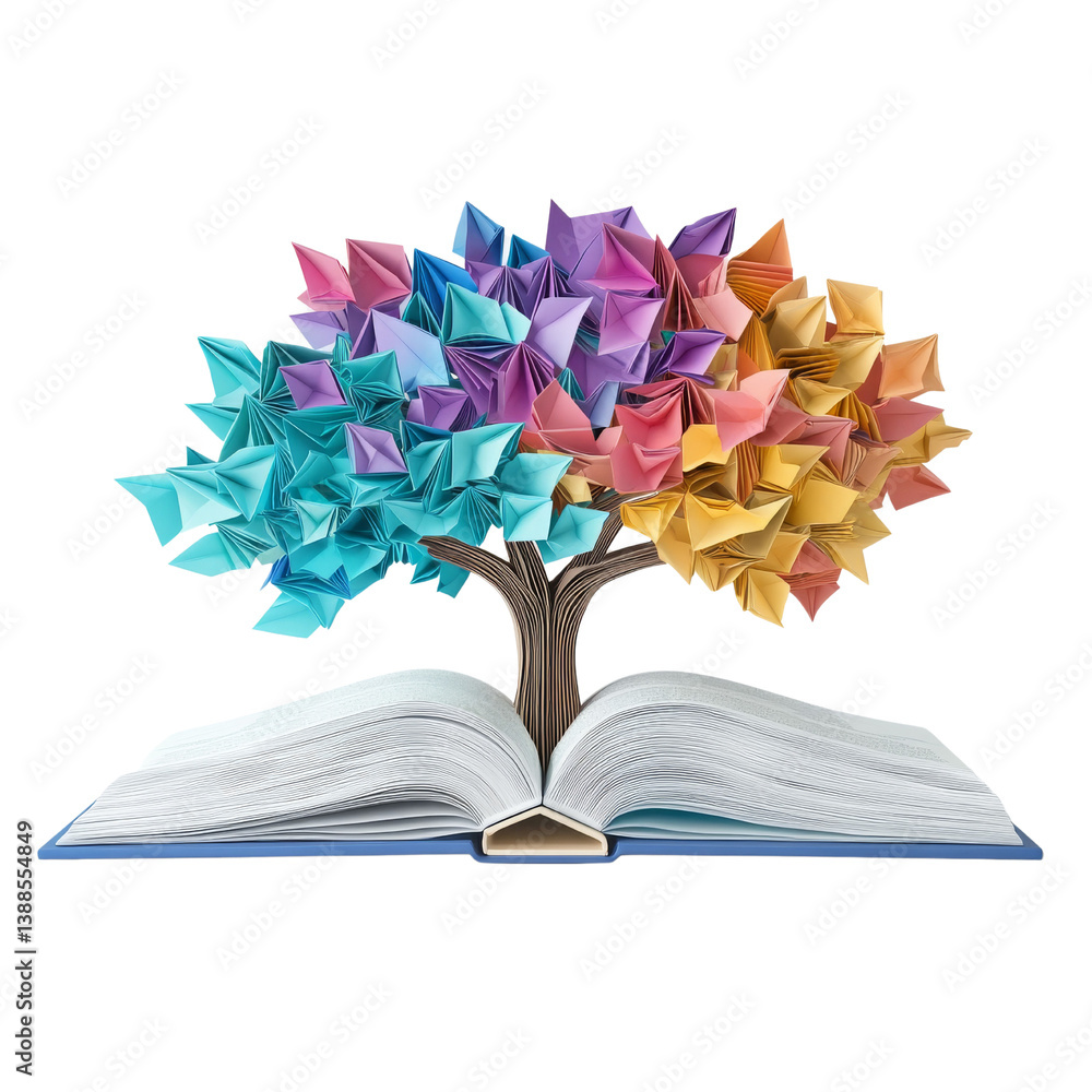 Poster a colorful origami tree emerges from an open book, symbolizing knowledge and creativity.