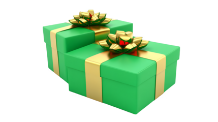 Green Presents with Gold Ribbons Isolated on Transparent Background