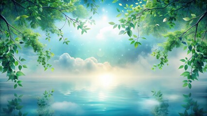 Fototapeta premium Serene Waterscape Dreamlike Vista of Tranquil Lake Under Starry Sky Framed by Lush Green Branches