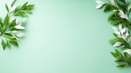 Fototapeta premium Green leaves frame a mint background. The image features vibrant green foliage with white accents. The composition is simple and balanced. The photo is high-quality with even lighting. Its style is