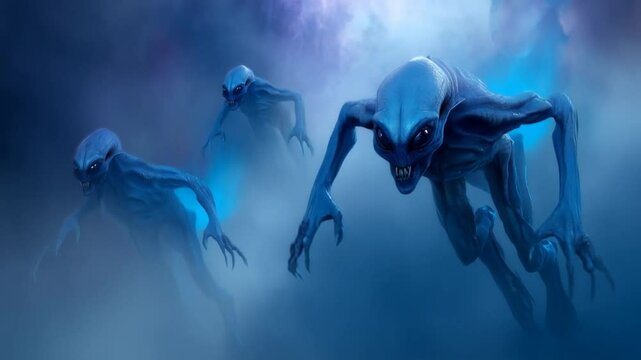 Space Aliens Moving Through Blue Mist at Dusk Generative AI