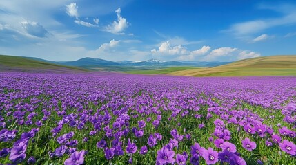 Obraz premium Purple poppy field, mountain backdrop, spring