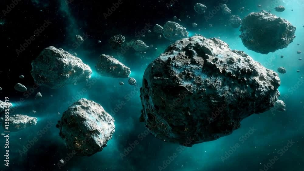 Poster exploring the vastness of an asteroid field in deep space generative ai
