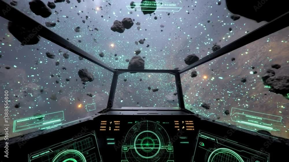 Poster exploring the depths of an asteroid field from a spacecraft cockpit generative ai