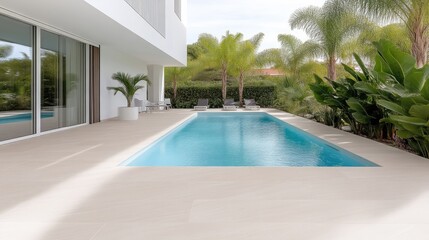 A modern, rectangular swimming pool sits outside a minimalist white house. Lounge chairs are nearby. The surrounding area features lush tropical landscaping. The image is high-quality, with bright,