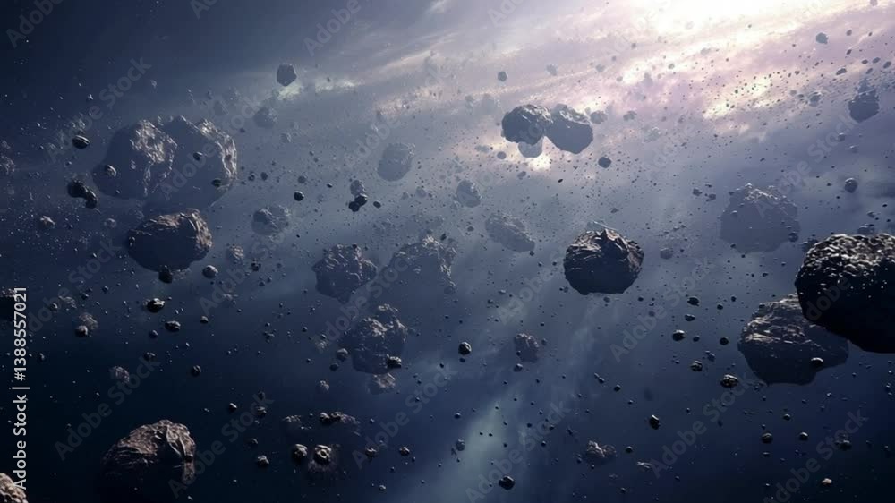 Poster journey through a dense asteroid field in deep space generative ai