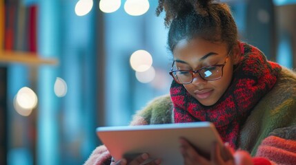 Woman Using Tablet Device Indoor Near Window During Cold Season
