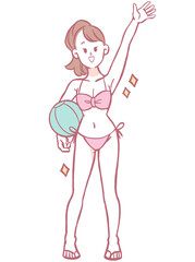 ボールを持つ水着の女性のイラスト